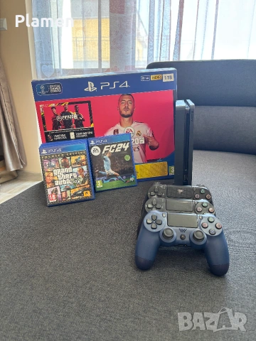 PS4 Slim 1TB + 3 джойстика + 5 игри