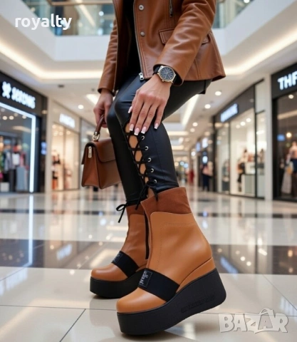 Боти на платформа - кафява кожа, снимка 2 - Дамски боти - 54159276