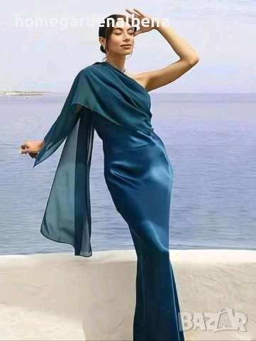 Официална сатенена рокля тюркоаз едно рамо шлейф S M L