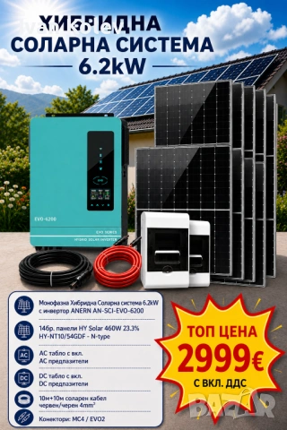 Хибридна Соларна Система 6.2kW с Инвертор ANERN AN-SCI-EVO-6200 и 14бр. Фотоволтаични панели HYSolar