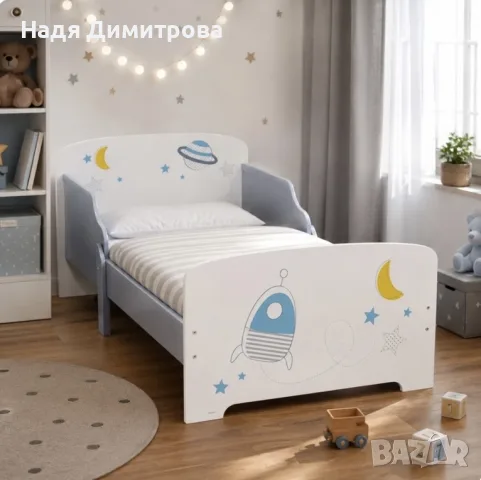 Детско легло Космос 140x70 см с ламелна основа – Бяло легло с пленети, звезди и ракета, снимка 3 - Спални и легла - 55671115