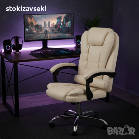 Ергономичен офис стол с лумбална опора от еко кожа в бежов цвят – комфорт за дълги часове без болки, снимка 2 - Столове - 54088544