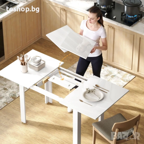 Tрапезна маса HOMCOM, 120-160 x 70 см, разтегателна, за 4-6 души, MDF, бяло с висок гланц, снимка 3 - Маси - 54513613