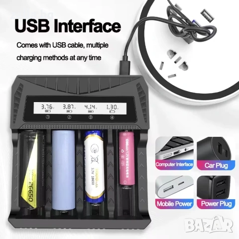 Универсално зарядно устройство за батерии 4 слота LCD – Li-ion Ni-MH AA AAA 26650 21700 USB-C 10446, снимка 11 - Друга електроника - 54703173