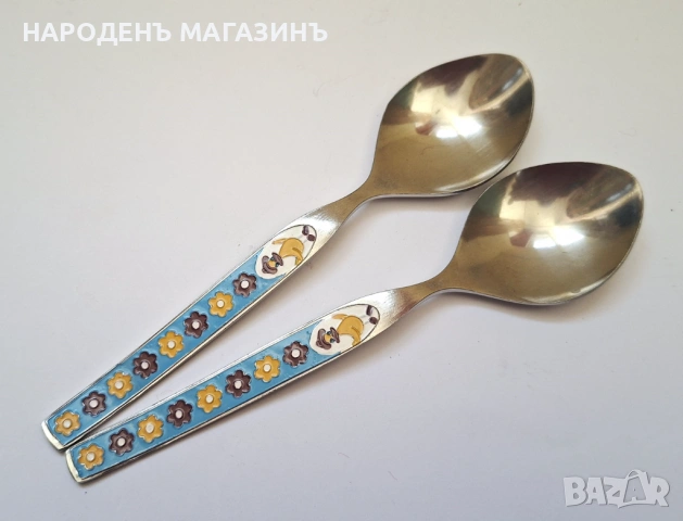 СССР - РЯДЪК детски комплект 6 лъжички за чай с емайлирани дръжки и щипка сервиз дете , снимка 10 - Други ценни предмети - 54305301