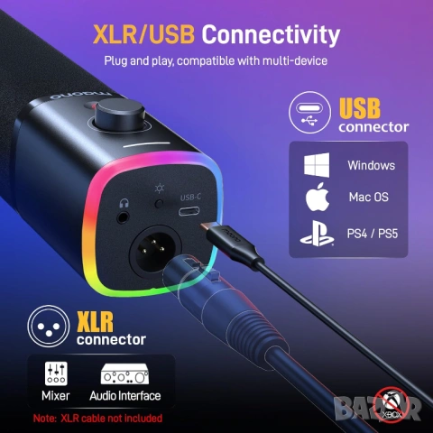 Гейминг микрофон RGB комплект с рамо MAONO PD100XS USB/XLR - Чисто нов, снимка 7 - Микрофони - 54102795