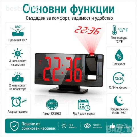 Настолен часовник с проектор светещ на тавана електронен с температура, снимка 2 - Други - 39984360