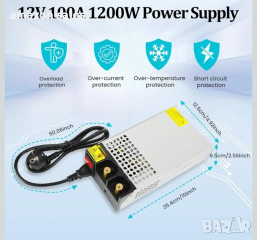 DC 12V 100A 1200W Захранващ трансформатор 220V AC към DC 12V 100A Конвертор 1200W нов, снимка 3 - Друга електроника - 54239023