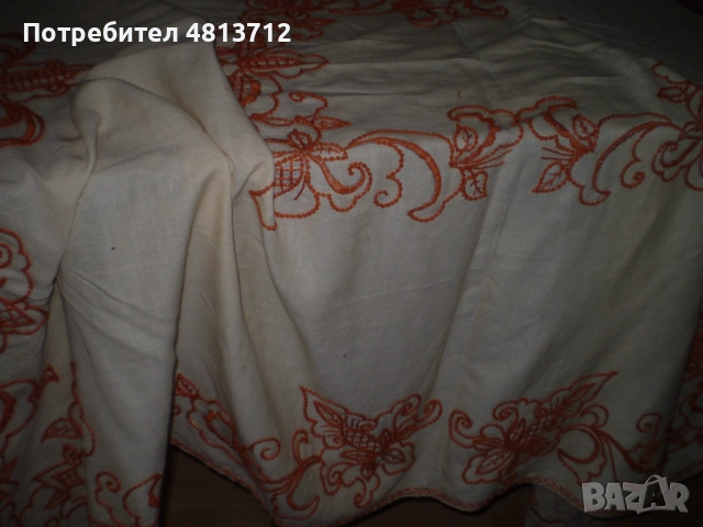 Ретро покривка от лен с ръчна бродерия в оранжев цвят., снимка 8 - Антикварни и старинни предмети - 54688135