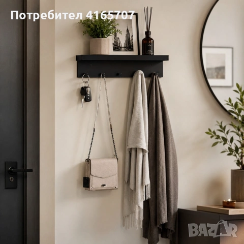 Стенна метална закачалка с рафт за ключове – 6 куки за дрехи и аксесоари, 24,3×5,7×4,1 см, снимка 4 - Закачалки - 55236800