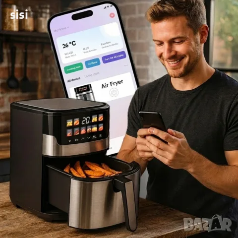 Смарт Еърфрайър , 2200W, XXL 6.5л, Wi-Fi Tuya App, 10 Програми, Неръждаема стомана