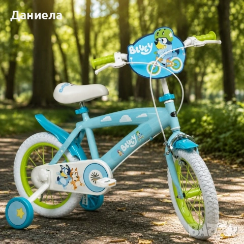 Детски велосипед Bluey 16" със спомагателни колела – светлосин, за деца 5–7 години, снимка 7 - Велосипеди - 54750433