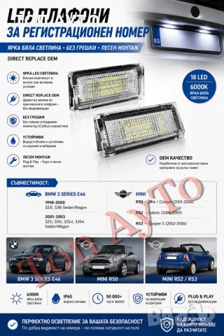 Лед LED Плафони Регистрационен Номер БМВ Е46 4 Врати Седан Комби 1998 - 2003 BMW E46 Мини Купър MINI, снимка 2 - Аксесоари и консумативи - 54945123