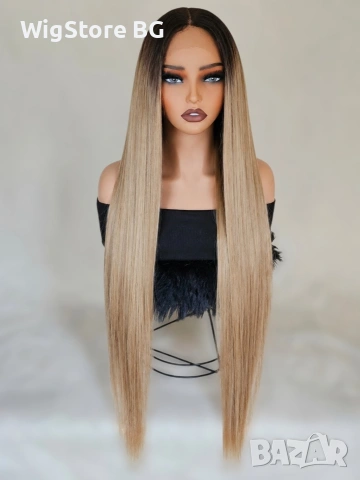 100см Lace Front Светло кестенява към тъмно руса права перука без бретон, 13х4 Лейс Фронт