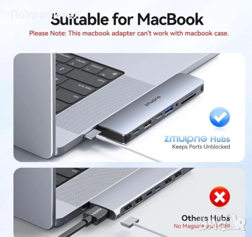 USB C Адаптер Хъб 8 в 1 HDMI 4K SD/ TF Карта MacBook  , снимка 2 - Кабели и адаптери - 54906087