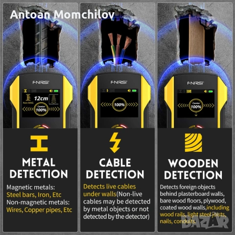 Стенен детектор FNIRSI WD-02 за кабели метал дърво, снимка 7 - Други инструменти - 54895392