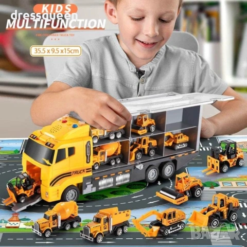 4740 Транспортен камион 2-в-1: Мобилна база и сет от 7 мини строителни багера и камиони, снимка 4 - Коли, камиони, мотори, писти - 54069681