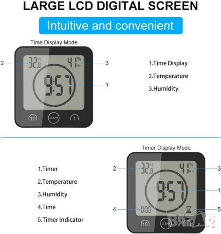 Термометър и хигрометър за баня с таймер Baldr LCD екран, снимка 8 - Други стоки за дома - 51036064