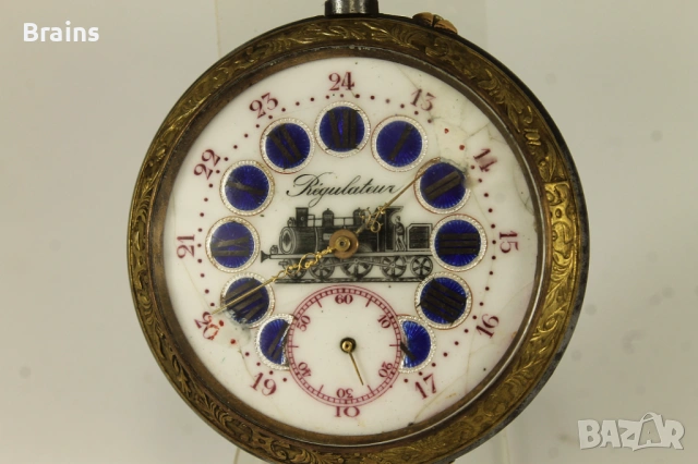 1900's REGULATEUR С Локомотив 68мм Джобен Часовник Син Емайл, снимка 2 - Антикварни и старинни предмети - 54942346