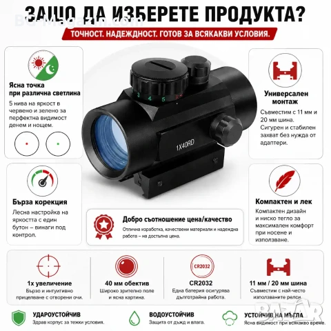 Тактически прицел 1×40 бързомер мерник за лов еърсофт въздушна пушка оптика за оръжие лък малък, снимка 6 - Оборудване и аксесоари за оръжия - 51051606