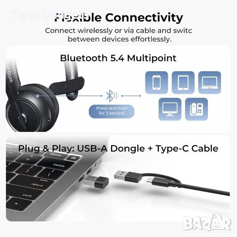 Nuroum HP31S (3rd Gen) Bluetooth слушалка с микрофон, USB донгъл, зарядна база, Noise Cancelling, снимка 5 - Bluetooth слушалки - 55313694