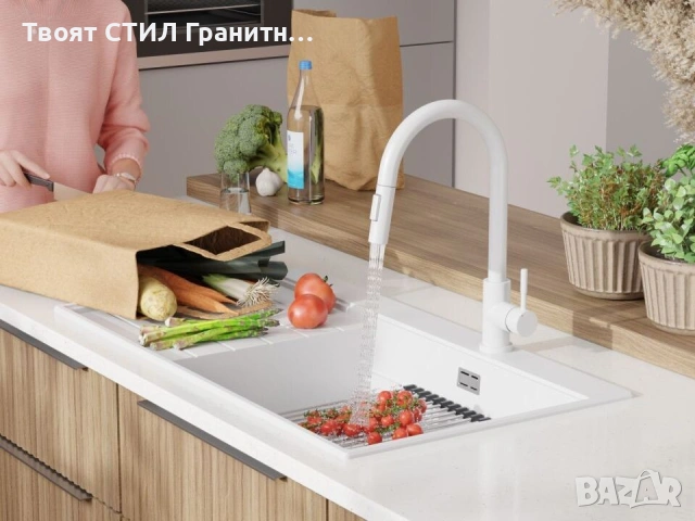 Бяла гранитна кухненска мивка Сидни 900-60 Ergo Multilevel 900х500 мм, снимка 5 - Мивки - 54712483