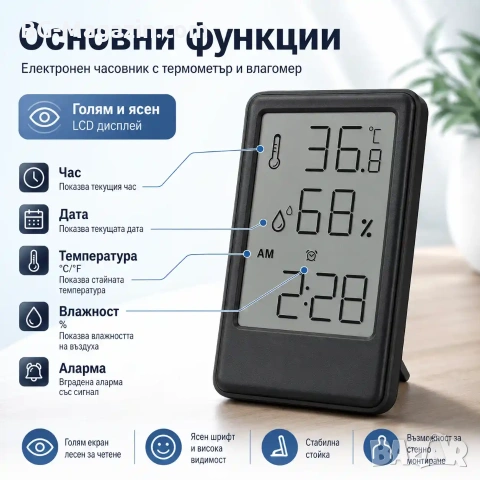 LED електронен настолен термометър с влагомер часовник аларма голям екран на батерии дигитален влага, снимка 4 - Други - 51039925