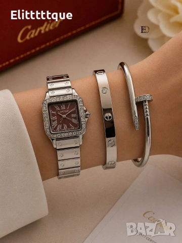 комплект часовник и гривни от висококачествена стомана cartier , снимка 6 - Гривни - 54904475