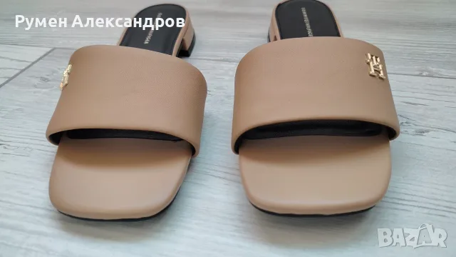 Нови бежови дамски кожени чехли TOMMY HILFIGER FLAT SANDAL EUR38, снимка 5 - Чехли - 55647304