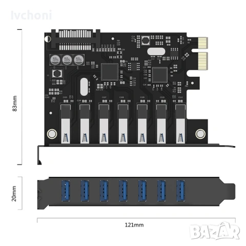 ORICO SuperSpeed 7 Port USB 3.0 PCI-E Express Card with a 15pin SATA Power Connector PCIE Adapt, снимка 2 - Работни компютри - 54336113