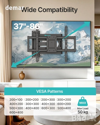 Pegzone поставка за телевизор/монитор стенен монтаж, 37–86”, VESA до 600x400, удължена 975 мм, 50кг, снимка 9 - Стойки, 3D очила, аксесоари - 55220744
