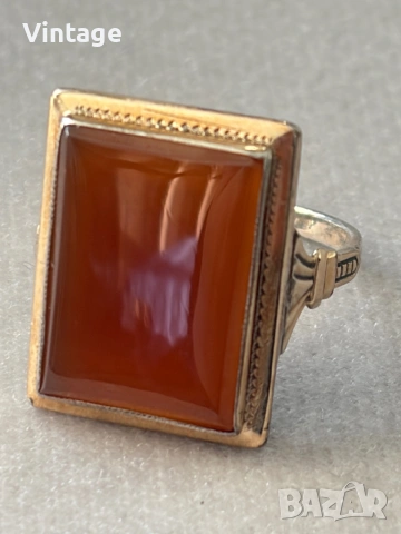 Разкошен сребърен позлатен пръстен с естествен камък Сердолик  , снимка 1 - Пръстени - 54306439