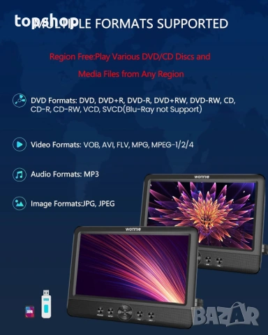 Нов Двоен портативен USB / SD / DVD плеър за кола WONNIE 10.5 инча – Два самостоятелни екранa ..., снимка 3 - Аксесоари и консумативи - 54767762