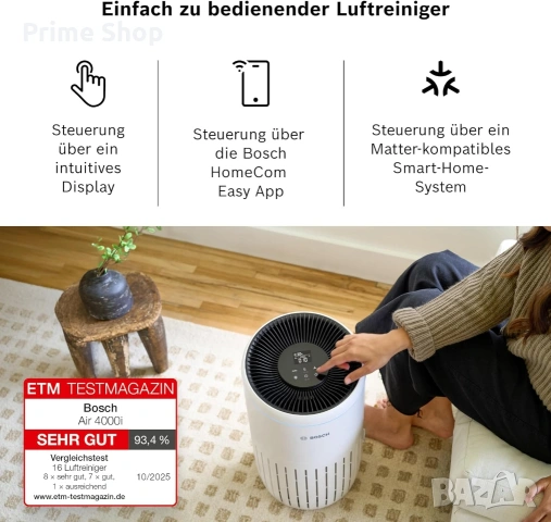 Смарт пречиствател за въздух Bosch Air 4000i, WiFi, 3-в-1 филтър, до 62.5 кв.м., снимка 4 - Овлажнители и пречистватели за въздух - 55006482