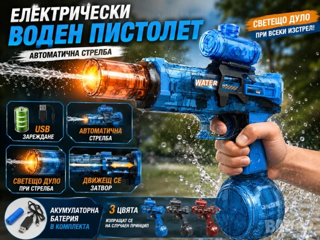 Хит играчка! Електрически воден пистолет с автоматична стрелба, USB зареждане и светещо дуло