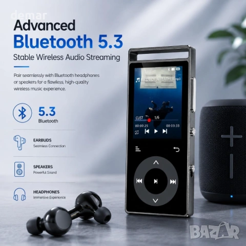 MP3 плеър 90GB Bluetooth 5.3, FM радио, HiFi звук, поддръжка до 128GB, слушалки, снимка 2 - MP3 и MP4 плеъри - 54890941