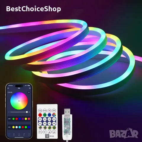 5 м RGB IC LED гъвкава лента, интелигентно приложение, синхронизация с музика, водоустойчива