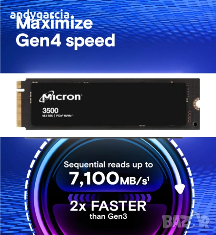 1000GB Micron 3500 Gen4 1TB PCIe NVMe SSD скрост четене/запис 7100 и 6900 mb/sec ДИСК disk laptop 