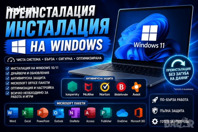 Инсталация на Windows 10/11 с валиден лиценз и възможност за избор на различни софтуерни пакети.