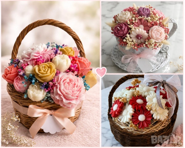 🌷 Ръчно изработени кошници със сапунени цветя и свещи по поръчка.