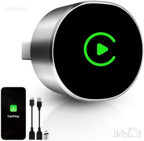 BANKKY безжичен CarPlay адаптер за iPhone, Dongle за iOS 10+ и 2016+ с кабел