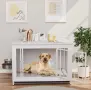 Голяма клетка за кучета, дървена кутия за кучета, 93x64x58 см, къщичка за кучета с 2 купички и врат, снимка 2