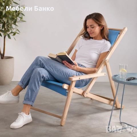 Сгъваем дървен градински шезлонг с подлакътници, снимка 4 - Градински мебели, декорация  - 45234752