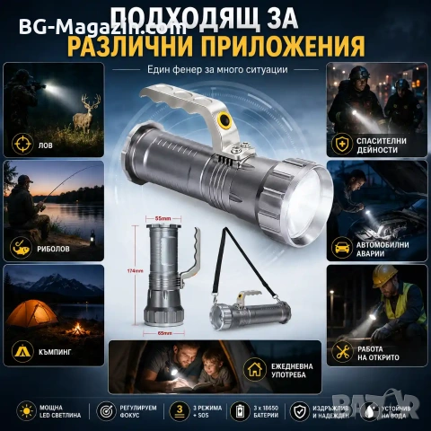 Професионален мощен акумулаторен ръчен прожектор LED фенер 3 батерии 18650 за лов риболов къмпинг, снимка 6 - Къмпинг осветление - 51027579