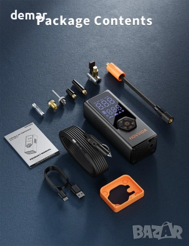 Преносим въздушен компресор за гуми HOVVIDA, 7800 mAh, 12V DC, 150 PSI, дебит 40л/мин, снимка 10 - Аксесоари и консумативи - 54048201