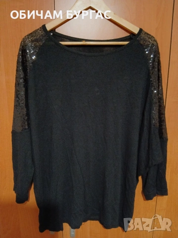 3 xl КРАСИВА ЧЕРНА БЛУЗА ОТ ФИНО ПЛЕТЕВО С ЧЕРНИ ПАЙЕТИ НА ПРИЛЕП РЪКАВИТЕ 