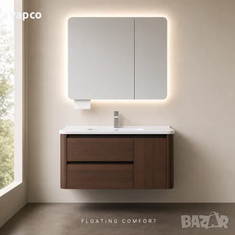 Луксозен шкаф за баня от масивно дърво 2801 (Walnut Balance) със заоблен дизайн и смарт огледало, снимка 8 - Шкафове - 55480754