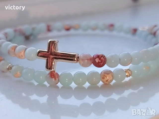 ✨ Гривна Angel’s Light от естествени камъни с кръстче ✝️, снимка 3 - Гривни - 54271732