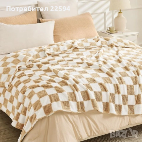 Пухено одеяло Шерпа памук меко топло 200 x 230cm каре – Лилаво, снимка 2 - Олекотени завивки и одеяла - 54827077