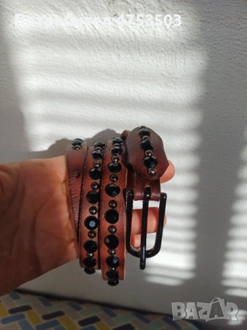 Кафяв колан с камъни естествена кожа 
